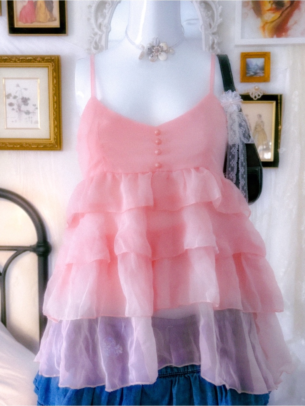 Y2K fairy coquette babydoll ruffle chiffon pink blouse